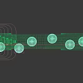 Blue Wavy Display Space Design With Hanging Round Lights And Curved Lines