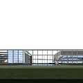 Modern School Building With Glass Facade White Frame And Front Lawn Area