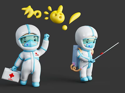 Animated Protective Suit Characters With First Aid Kit Testing Stick And Yellow Cheer Symbols 3d model