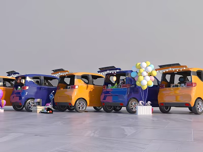 Colorful Compact Cars Lined Up With Balloons At Outdoor Display Event 3d model