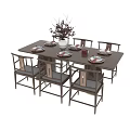 Modern Dining Table Set With Chairs Tableware And Decorative Flower Vase 3d model