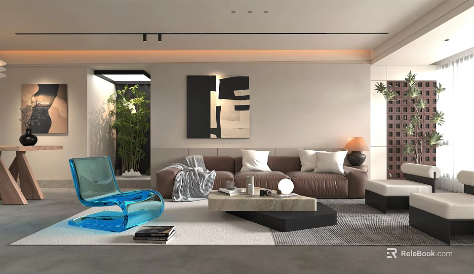 Modern Living Room Interior With Brown Sofa Blue Chair Coffee Table And Decorative Art 3d model 