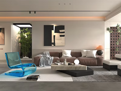 Modern Living Room Interior With Brown Sofa Blue Chair Coffee Table And Decorative Art 3d model