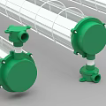 Three Linear Industrial Chandeliers With Green Bases And White Light Tubes For Lighting