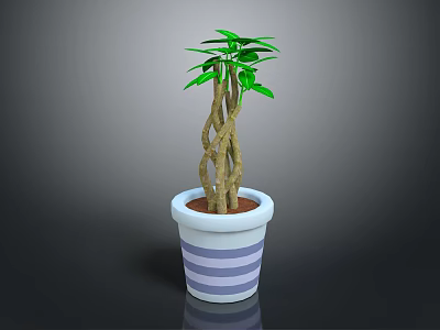 Indoor Decorative Plant with Twisted Stems Green Leaves in White Pot with Purple Stripes 3d model