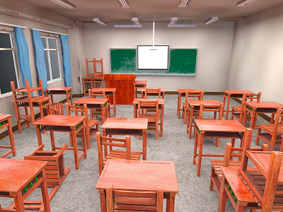 Traditional Classroom Interior With Wooden Desks Green Blackboard Teacher Desk And Windows 3d model