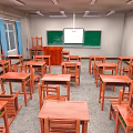 Traditional Classroom Interior With Wooden Desks Green Blackboard Teacher Desk And Windows