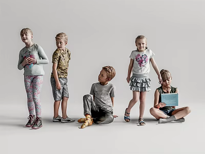 Group Of Children Posing In Studio With Different Postures 3d model