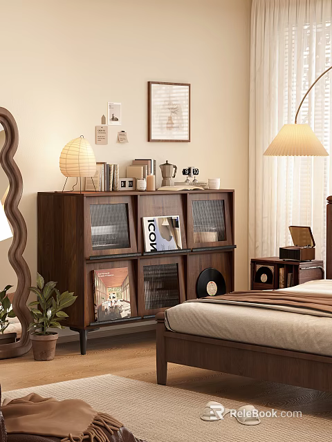 Modern Walnut Wood Console Cabinet With Books Cups Lamp And Vinyl Records In Bedroom 3d model 