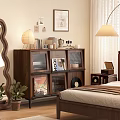 Modern Walnut Wood Console Cabinet With Books Cups Lamp And Vinyl Records In Bedroom