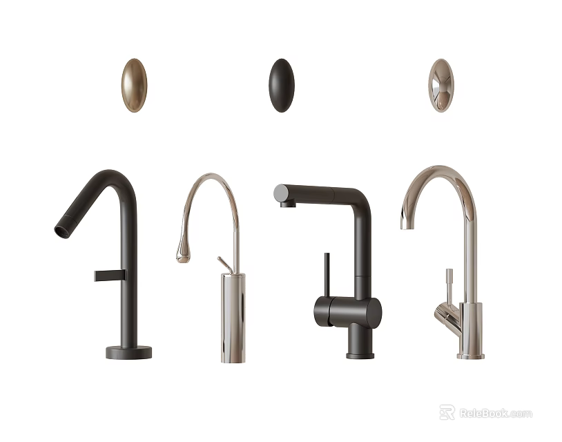 Stylish Modern Water Faucets With Various Designs Metal Finishes And Round Handles 3d model 