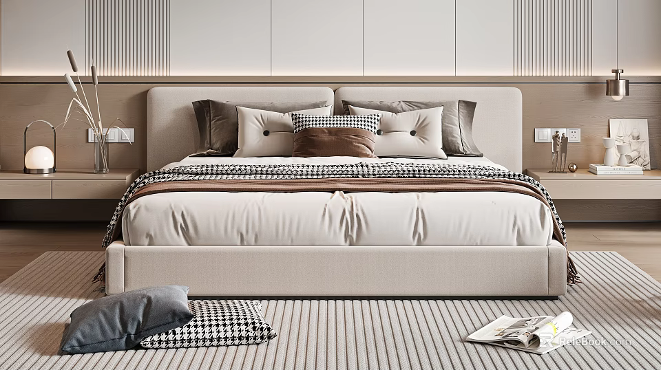 Cozy Modern Beige Double Bed with Multiple Pillows Checkered Blanket Nightstands Vases on Striped Carpet 3d model 