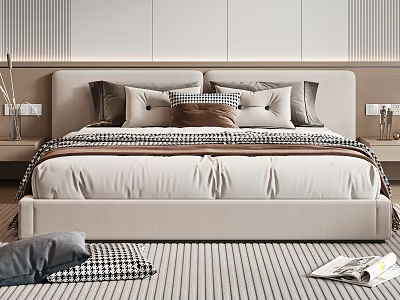 Cozy Modern Beige Double Bed with Multiple Pillows Checkered Blanket Nightstands Vases on Striped Carpet 3d model