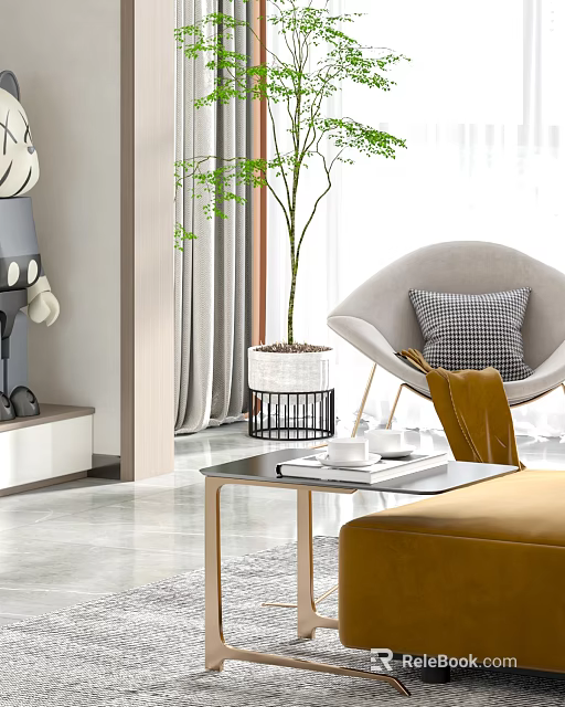 Elegant Modern Side Table In Living Room With Metal Frame Checkered Pillow And Potted Plant 3d model 