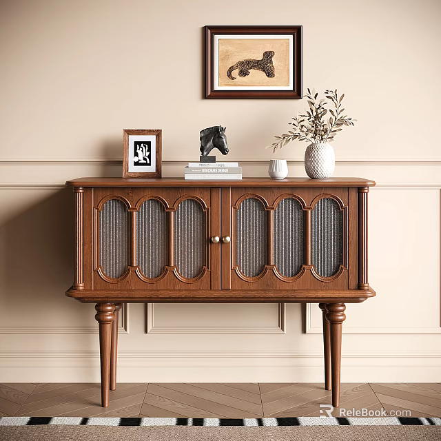 Classic Wooden Sideboard with Photo Horse Figurine Books Vase on Beige Wall and Art 3d model 