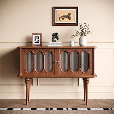 Classic Wooden Sideboard with Photo Horse Figurine Books Vase on Beige Wall and Art 3d model