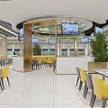 Modern Dining Hall Interior Featuring Yellow Grey Chairs White Tables Green Striped Ceiling Arch Structures 3d model
