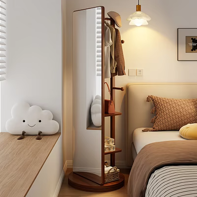 Modern Bedroom Mirror with Cloud Plush Toy Wooden Clothes Rack and Cozy Bed 3d model