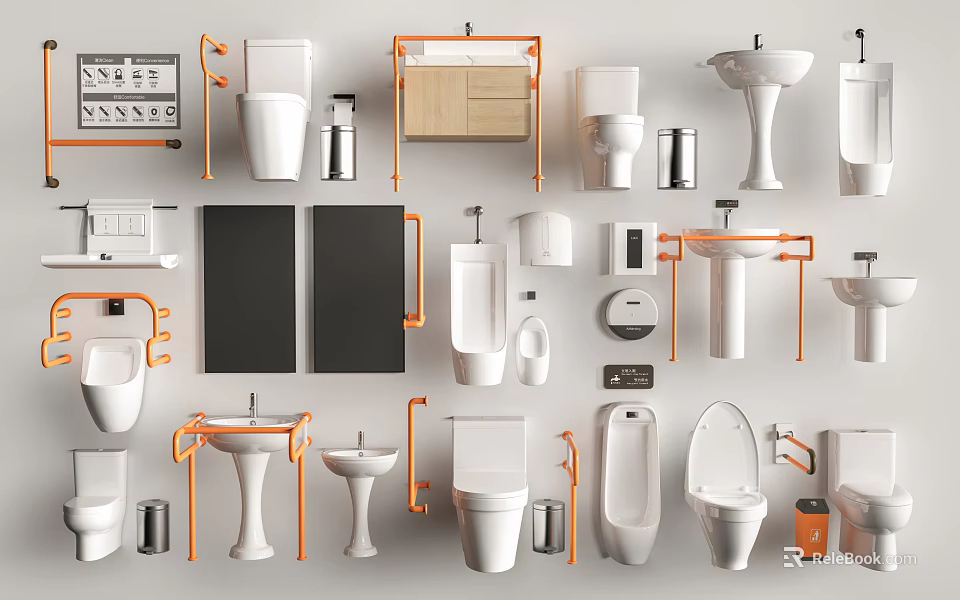 Modern Toilet Styles With Various Bathroom Accessories Sinks And Cabinet Designs 3d model 