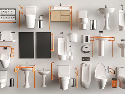 Modern Toilet Styles With Various Bathroom Accessories Sinks And Cabinet Designs 3d model