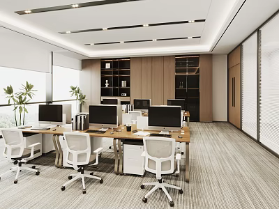 Modern Public Office Area With Desks Computers White Chairs Plants And Wooden Bookshelves 3d model