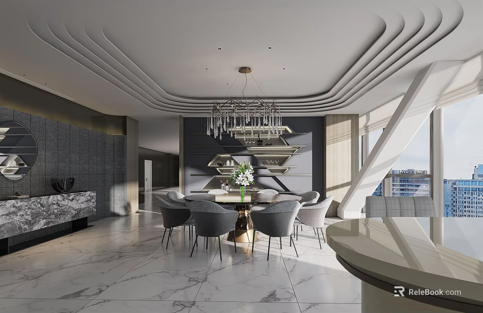 Modern Restaurant Interior With Marble Floor Round Dining Table Grey Chairs Chandelier And City View 3d model 