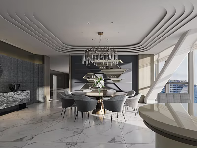 Modern Restaurant Interior With Marble Floor Round Dining Table Grey Chairs Chandelier And City View 3d model