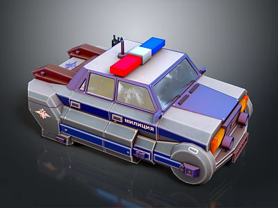 3D Cartoon Police Car Model With Red Blue Siren Lights And Silver Gray Purple Body 3d model