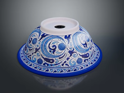 Blue and White Ceramic Sculpture Carving With Intricate Floral Patterns And Bowl Shape 3d model