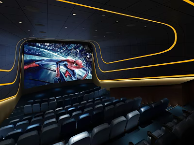 Modern Cinema Interior With Large Screen Showing Spider-Man Movie Yellow Accent Lines And Black Seats 3d model