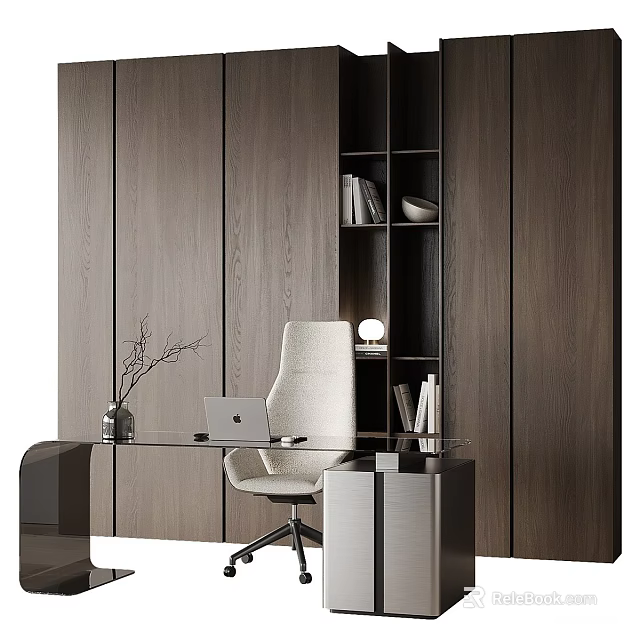 Modern Study Room Interior With Glass Desk Laptop White Chair And Open Wooden Bookshelf 3d model 