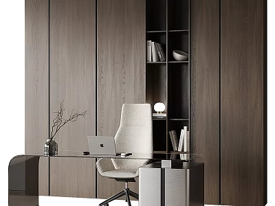 Modern Study Room Interior With Glass Desk Laptop White Chair And Open Wooden Bookshelf 3d model