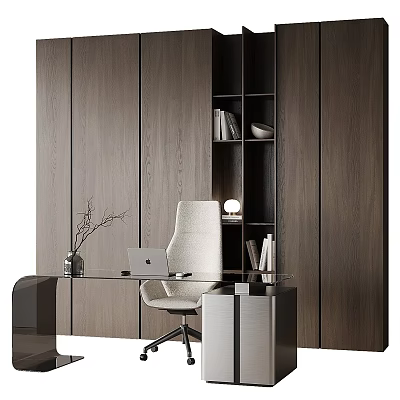 Modern Study Room Interior With Glass Desk Laptop White Chair And Open Wooden Bookshelf 3d model