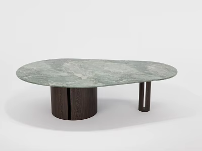Modern Oval Green Marble Dining Table With Dark Wooden Cylinder Base And Thin Black Legs 3d model