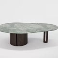Modern Oval Green Marble Dining Table With Dark Wooden Cylinder Base And Thin Black Legs