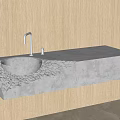 Modern Wall Mounted Concrete Washbasin With Golden Faucet Textured Edge And Wooden Backdrop