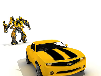 Yellow Chevrolet Camaro Car With Black Stripes And Robot Action Figure 3d model