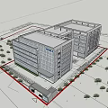 Modern Office Building Complex With Glass Facade And Landscaped Greenery 3d model