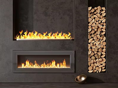 Double Fireplaces In Gray Concrete Wall With Burning Flames Stacked Firewood And Metal Bowl 3d model