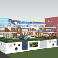 Modern Kindergarten With Colorful Building Playground Green Lawn And Blue Whale Sculptures
