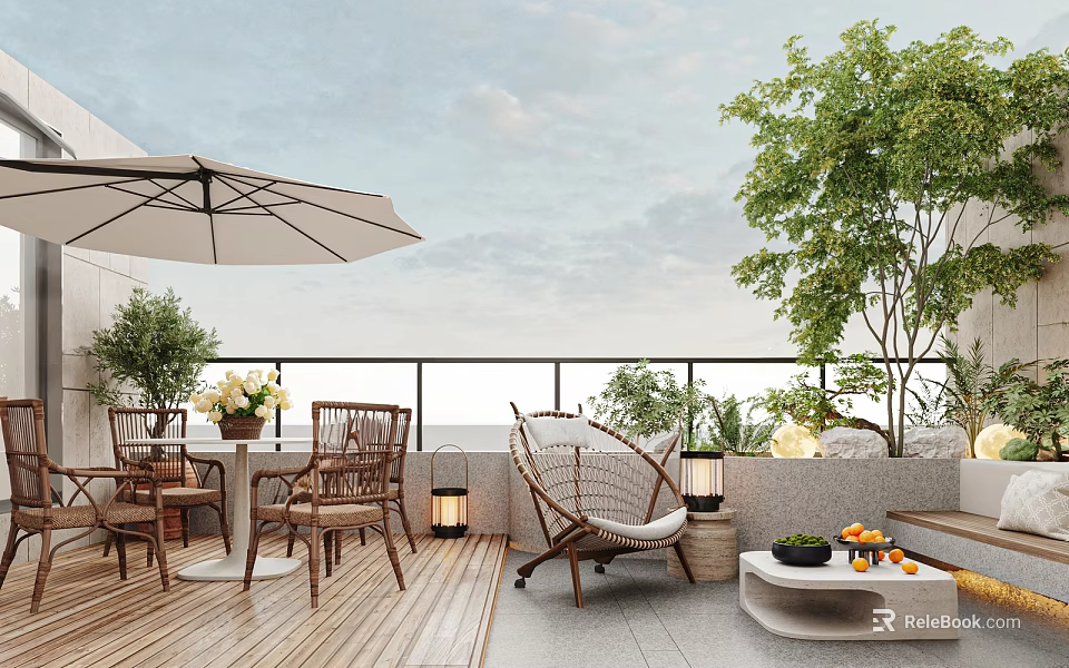 Terrace Garden Design With Wooden Flooring Table Chairs Umbrella Wicker Chair And Green Plants 3d model 