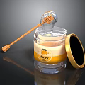Fresh Honey in Glass Jar with Golden Lid and Wooden Dipper Dripping