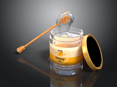 Fresh Honey in Glass Jar with Golden Lid and Wooden Dipper Dripping 3d model