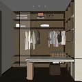 Modern Walk in Closet Interior With Wooden Cabinets Glass Doors Hanging Clothes And White Countertop