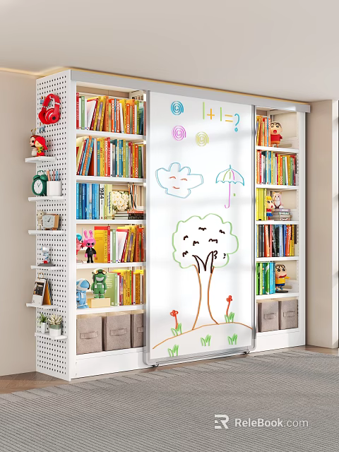 Modern Kids Bookshelf With Sliding Graffiti Whiteboard Door And Large Open Shelves For Book Storage 3d model 