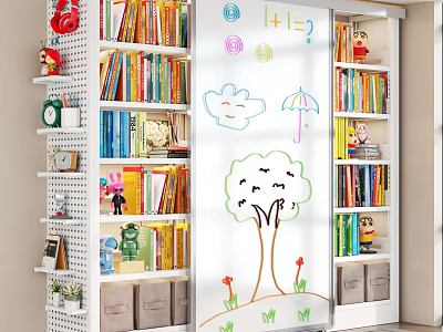 Modern Kids Bookshelf With Sliding Graffiti Whiteboard Door And Large Open Shelves For Book Storage 3d model