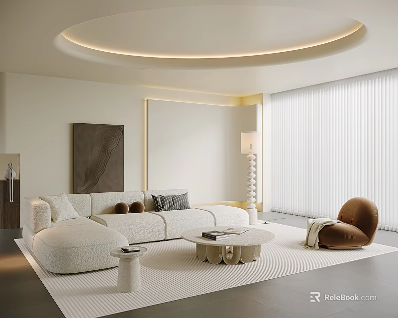Modern Living Room Interior With Circular Ceiling Light Strip Sofa Coffee Table And Armchair 3d model 