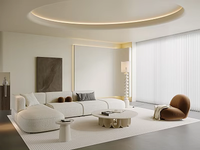 Modern Living Room Interior With Circular Ceiling Light Strip Sofa Coffee Table And Armchair 3d model