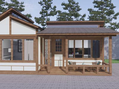 Japanese Style House Exterior With Wooden Structure Porch And Trees 3d model