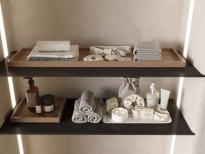 Washing Daily Necessities On Bathroom Shelves With Folded Rolled Towels And Soap Items 3d model